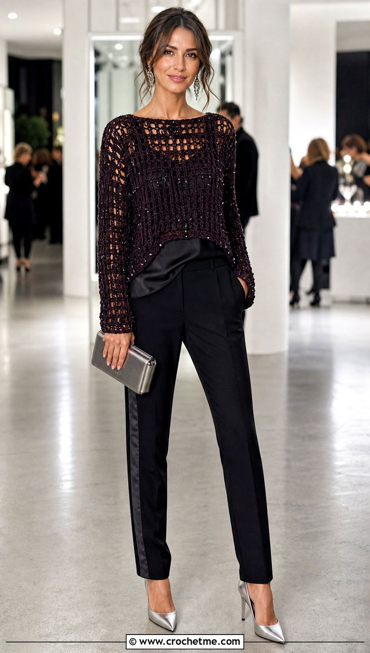 Embellished Triple Crochet Sweater With Tuxedo Pants - 20 Triple Crochet Sweater outfit ideas