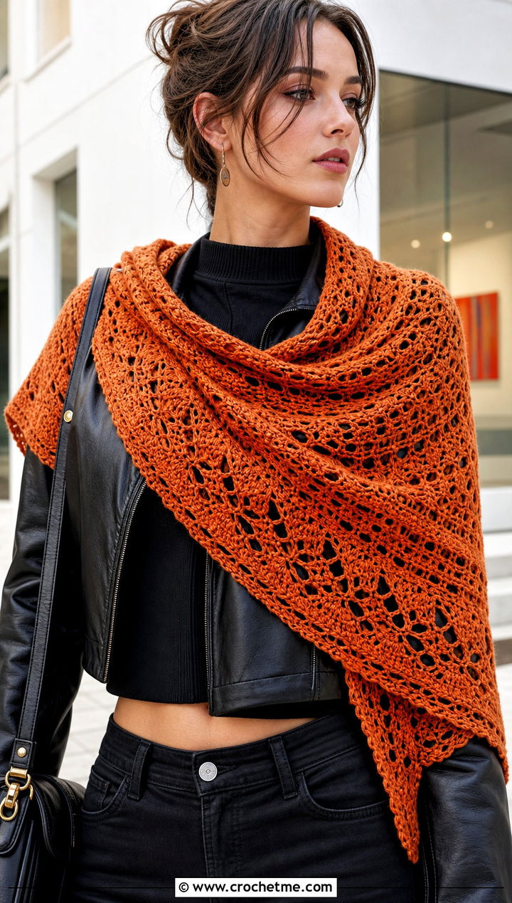 Ember Rise Crochet Shawl With Leather Jacket And Black Jeans - 15 kristin omdahl crochet shawl outfit ideas