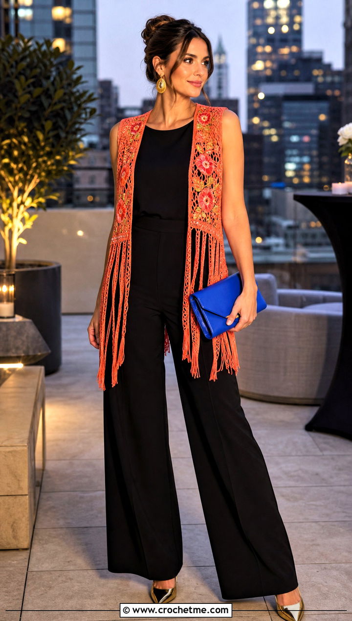 Embroidered Coral Fringe Vest With Black Jumpsuit - 15 coral fringe vest in knit crochet boho style outfit ideas