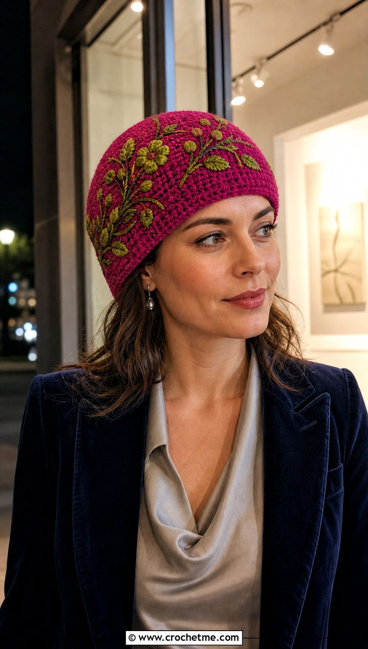 Embroidered Crochet Beanie With Velvet Blazer - 25 country cottage crochet beanie outfit ideas
