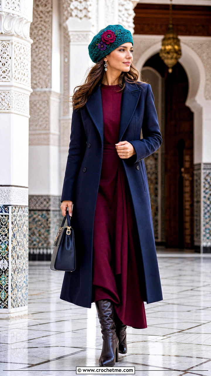Embroidered Crochet Beret With Coat And Maxi Dress - 35 crochet beret outfit ideas