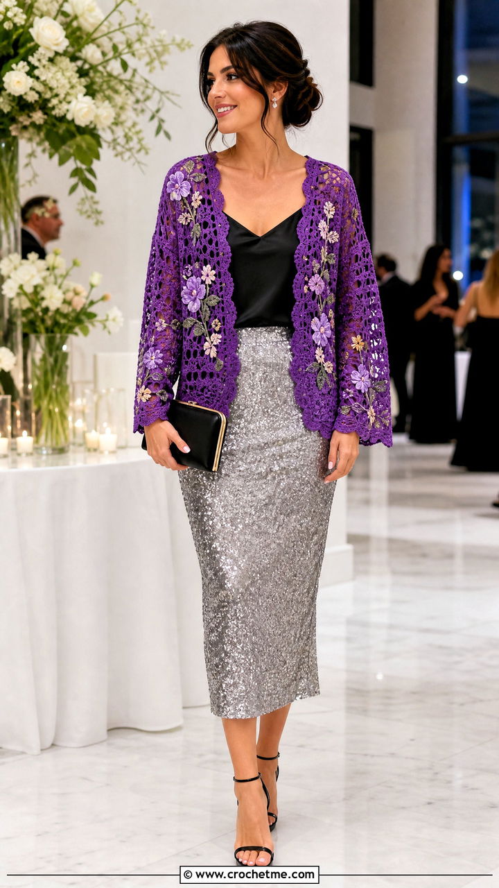 Embroidered Crochet Cardigan With Sequin Skirt - 35 crochet cardigan women outfit ideas