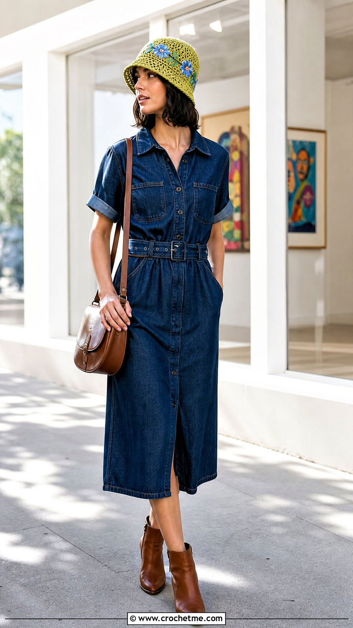 Embroidered Crochet Cloche Hat With Denim Dress And Ankle Boots - 35 crochet cloche hat outfit ideas