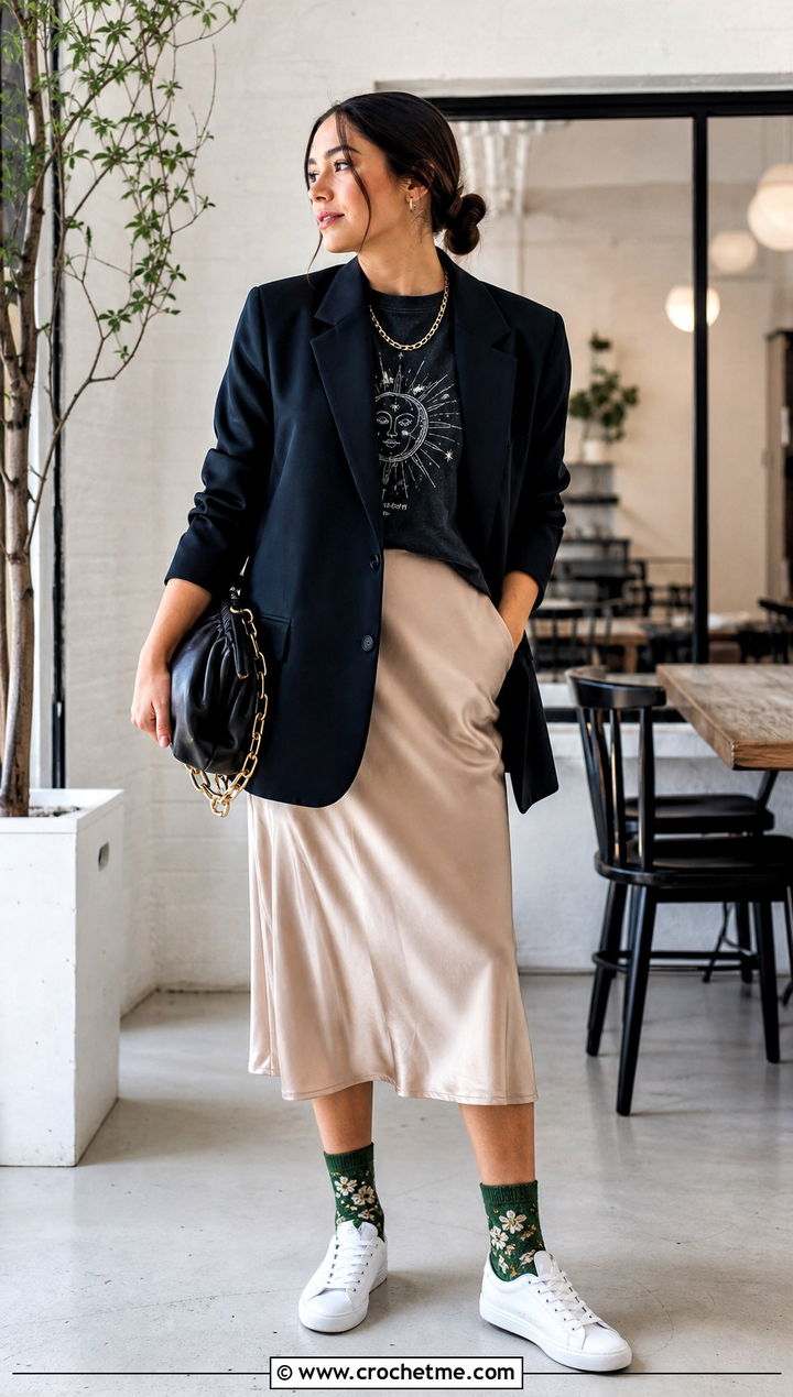 Embroidered Crochet Crew Socks With Satin Skirt - 35 crochet sock outfit ideas