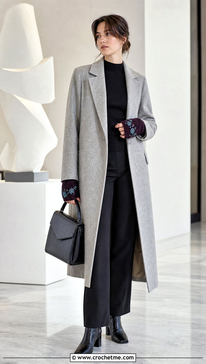 Embroidered Crochet Handwarmers With A Minimalist Coat - 35 crochet handwarmers outfit ideas