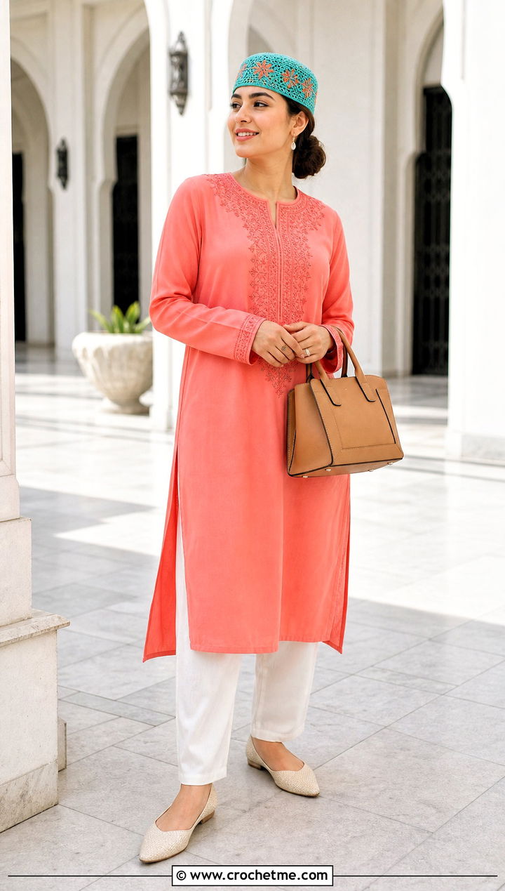 Embroidered Crochet Kufi Hat With Long Tunic - 35 crochet kufi hat outfit ideas