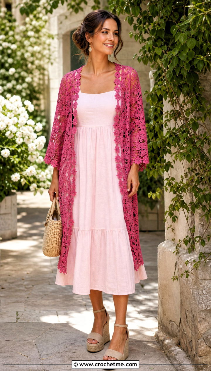Embroidered Crochet Lace Kimono With Sundress - 25 crochet lace kimono outfit ideas