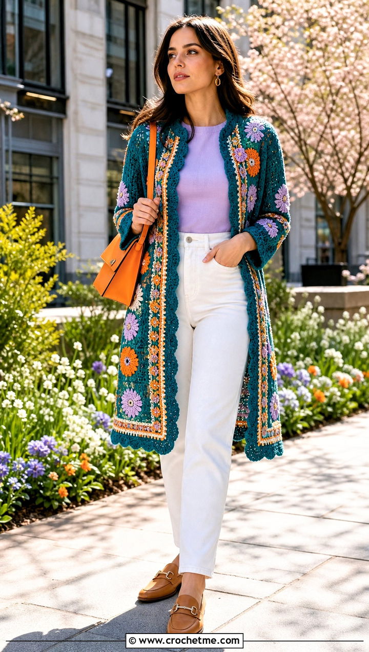 Embroidered Crochet Long Jacket With White Jeans - 35 crochet long jacket outfit ideas