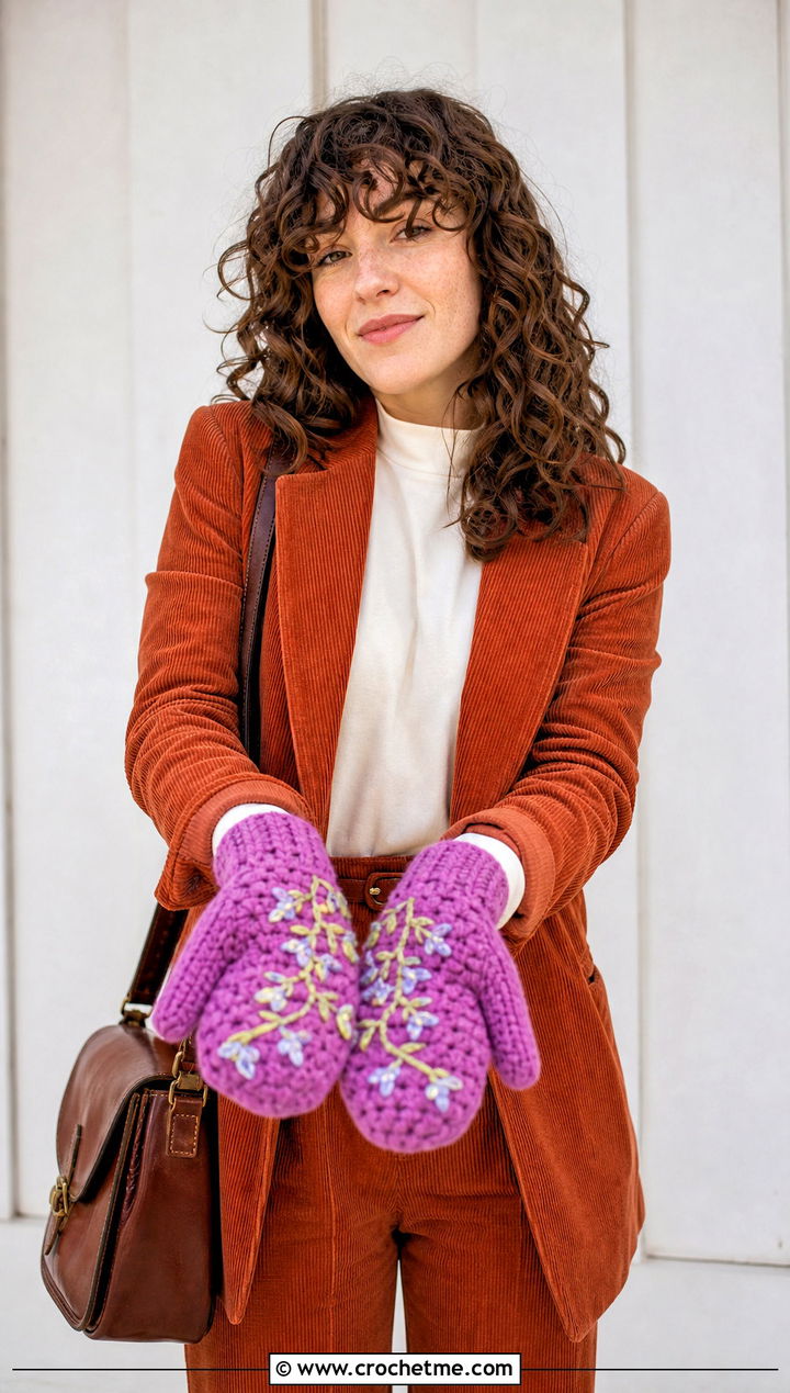 Embroidered Crochet Mittens With Corduroy Suit - 25 women crochet mittens outfit ideas