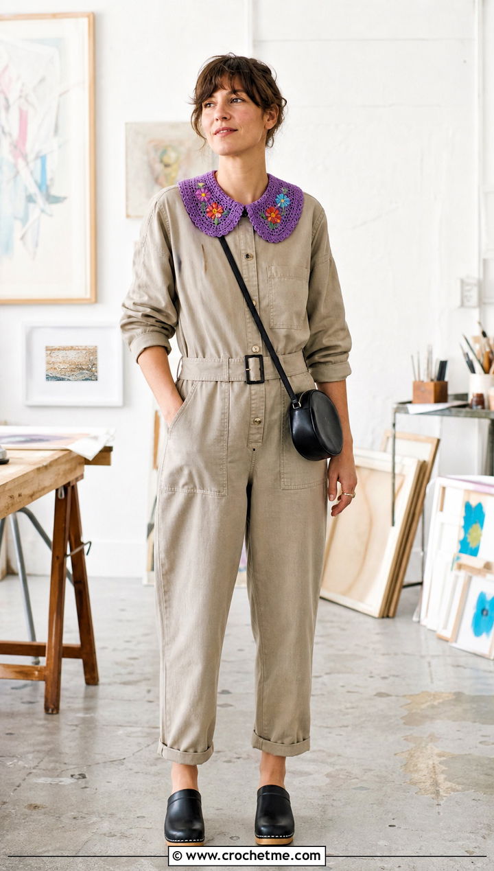 Embroidered Crochet Peter Pan Collar With Boiler Suit And Clogs - 35 crochet peter pan collar outfit ideas