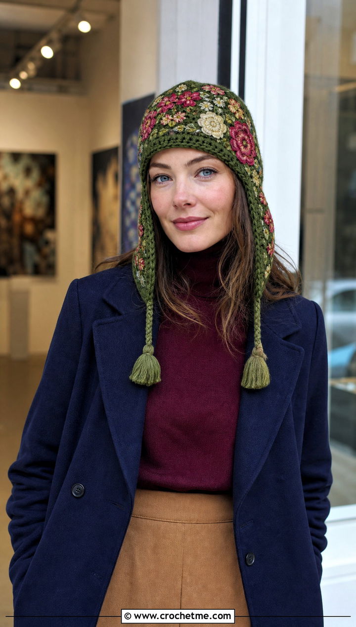 Embroidered Crochet Russian Hat With Midi Skirt - 35 crochet russian hat outfit ideas