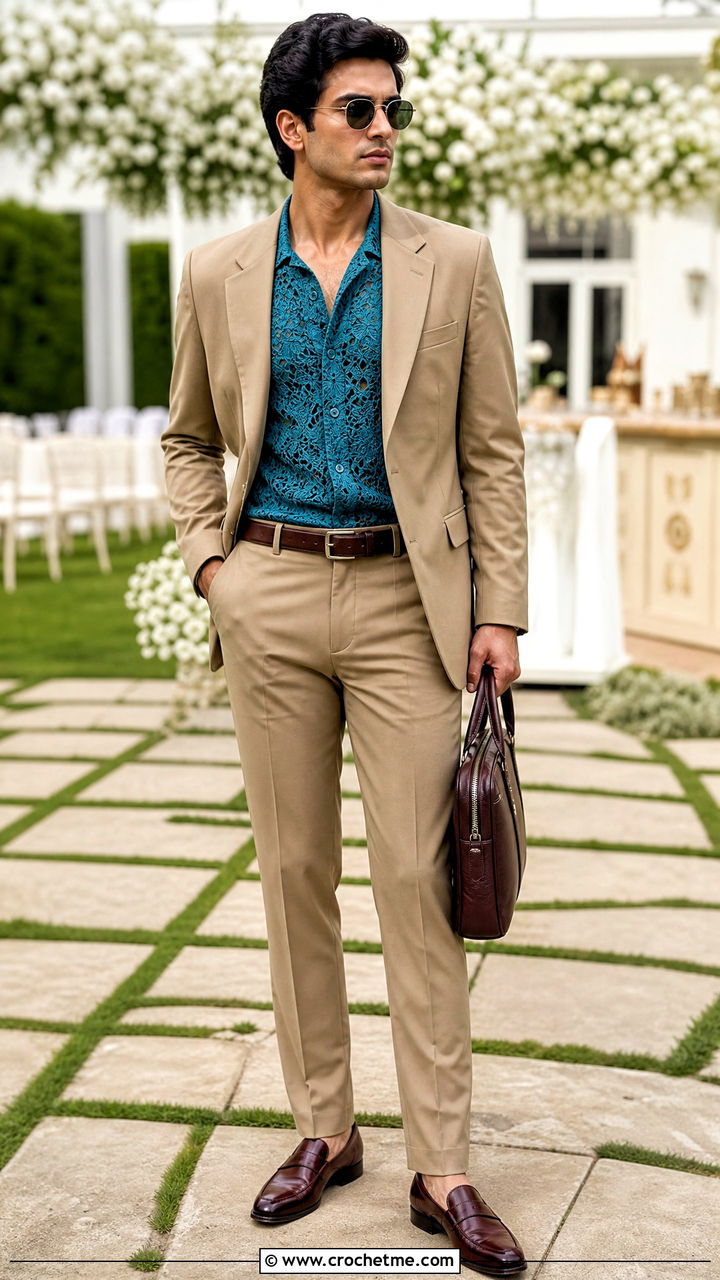 Embroidered Crochet Shirt With A Khaki Suit - 35 crochet male shirt outfit ideas