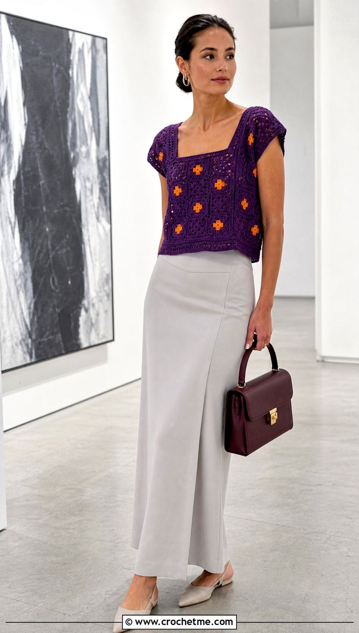 Embroidered Crochet Square Neck Top With Tailored Maxi Skirt - 35 crochet square neck top outfit ideas
