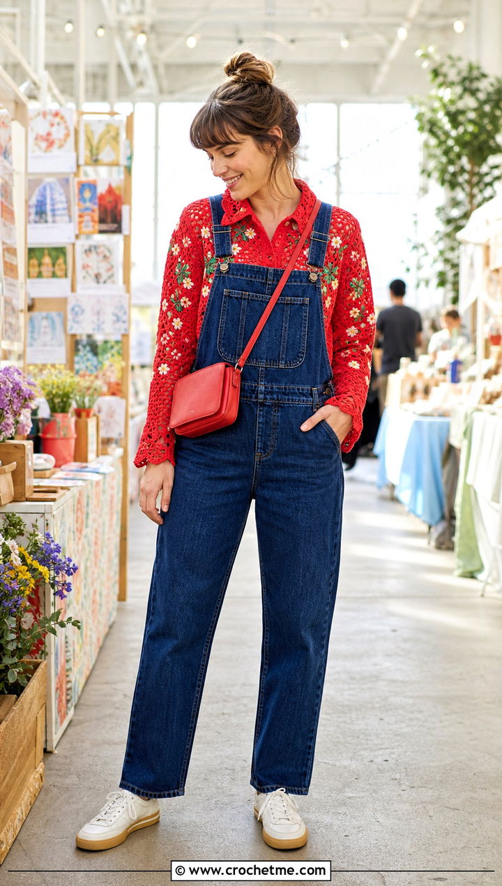 Embroidered Crocheted Shirt With Denim Overalls - 35 Crocheted Shirt outfit ideas