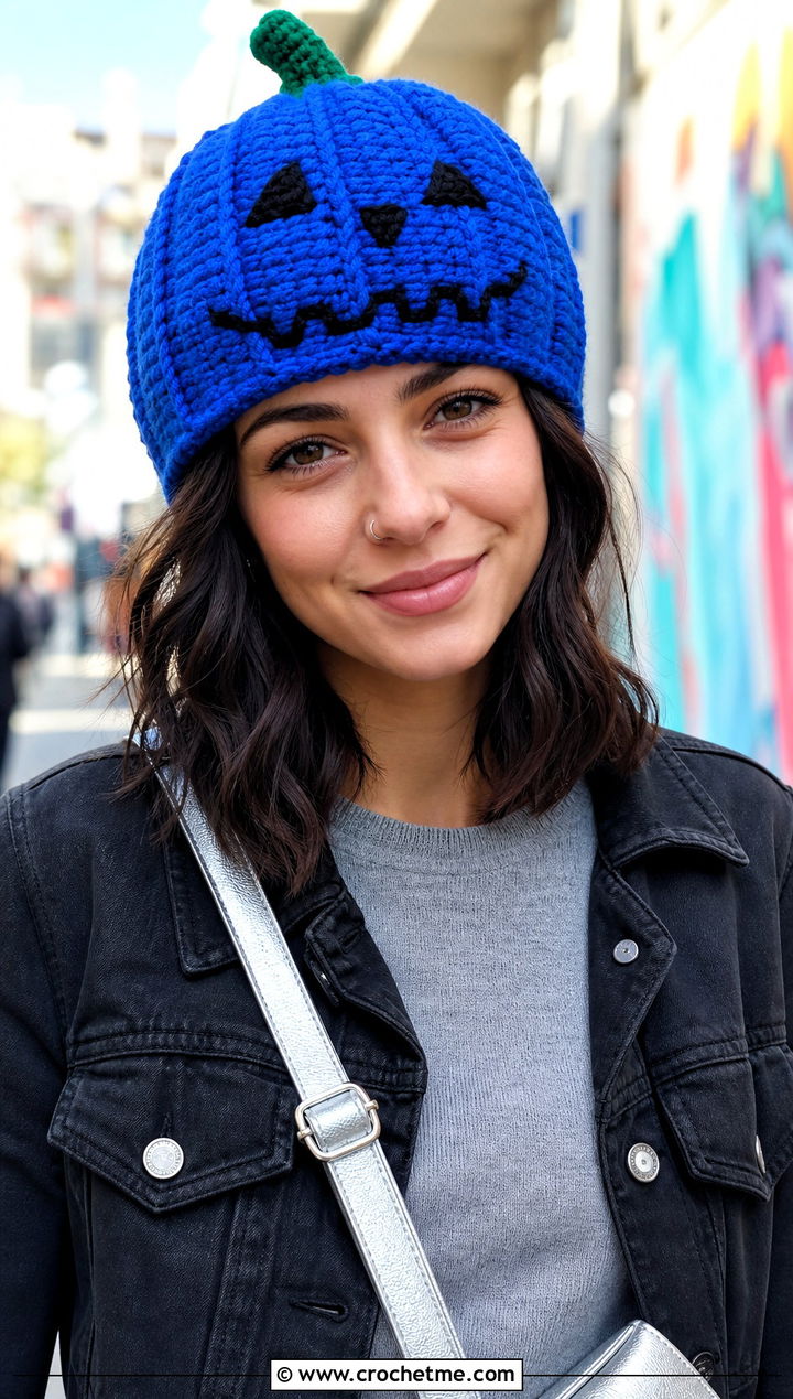 Embroidered Face Crochet Pumpkin Beanie With Black Denim - 30 crochet pumpkin beanie outfit ideas