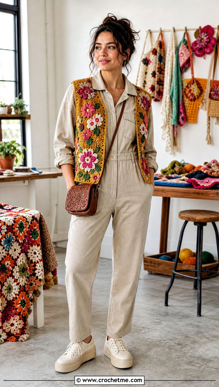Embroidered Floral Crochet Waistcoat With Utility Jumpsuit - 35 crochet waist coat outfit ideas