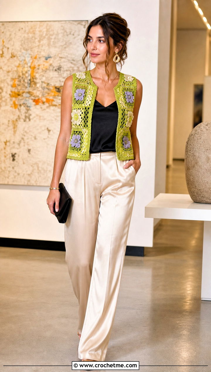 Embroidered Granny Square Waistcoat With Satin Trousers - 25 crochet granny square waistcoat outfit ideas