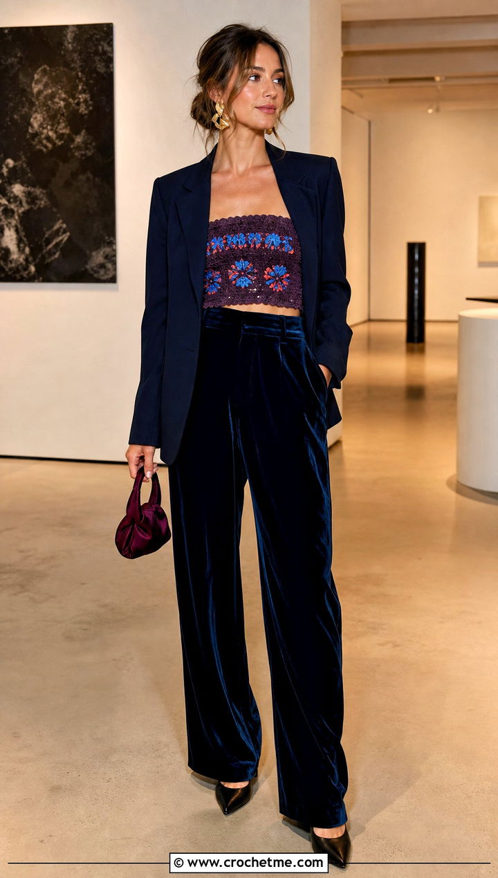 Embroidered Hollister Crochet Tube Top With Velvet Trousers - 30 Hollister Crochet Tube Top outfit ideas