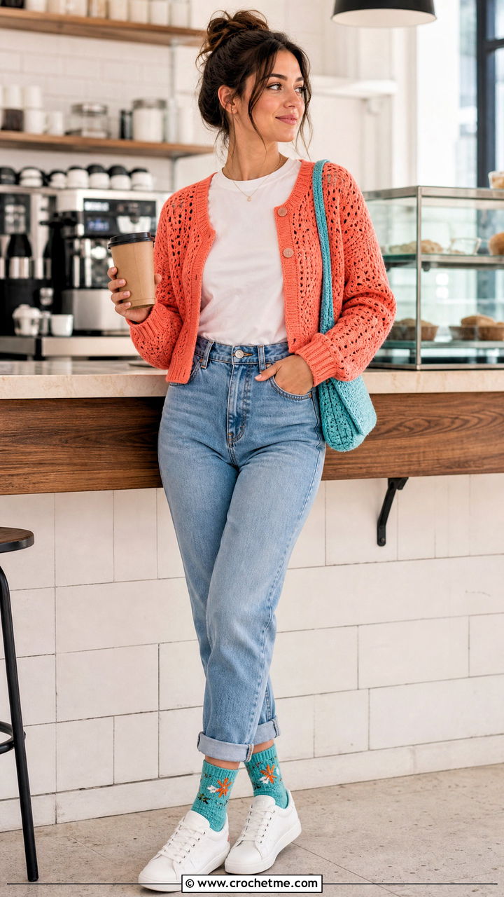Embroidered Motif Crochet Socks With Mom Jeans - 35 crochet socks for beginners outfit ideas