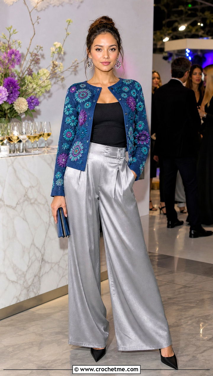 Embroidered Motif Square Cardigan With Party Trousers - 30 crochet square cardigan outfit ideas