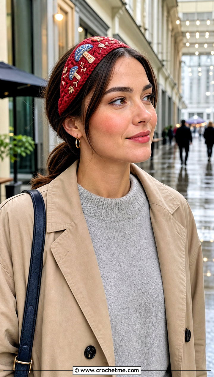 Embroidered Mushroom Crochet Headband With Trench Coat - 25 mushroom crochet headband outfit ideas