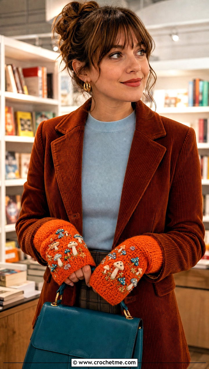 Embroidered Mushroom Gloves With Corduroy Suit - 20 Crochet Mushroom Gloves outfit ideas