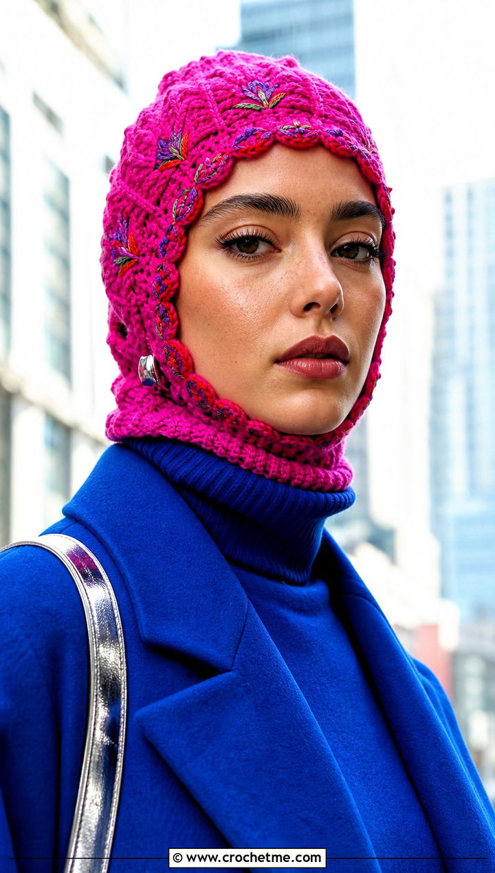 Embroidered Pink Crochet Balaclava With Monochrome Outfit - 25 Pink Crochet Balaclava outfit ideas