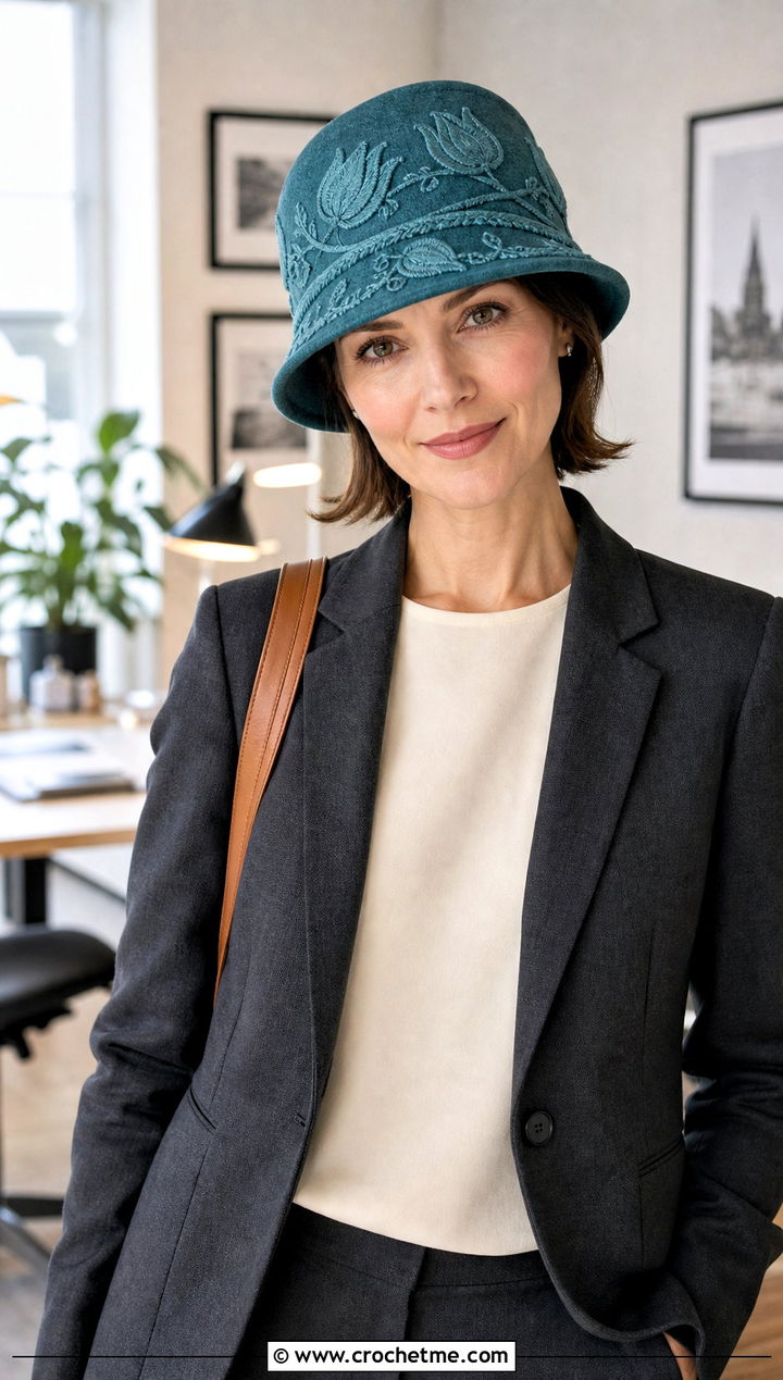 Embroidered Tulip Cloche Hat With Blazer And Trousers - 30 crochet tulip hat outfit ideas