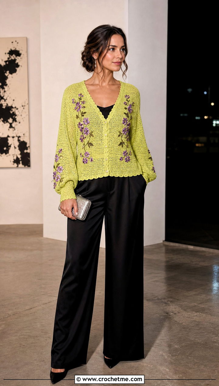 Embroidered Tunisian Cardigan With Satin Pants - 35 tunisian crochet cardigan outfit ideas