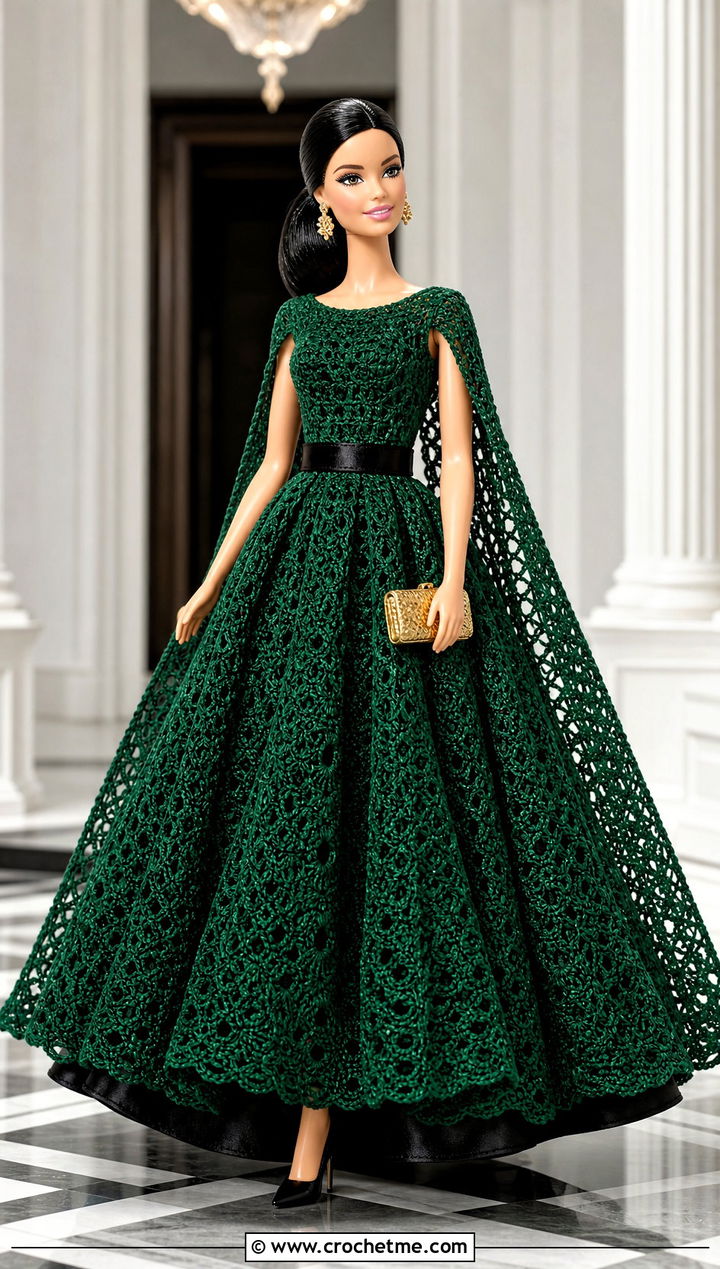 Emerald Cape Sleeve Crochet Barbie Ball Gown - 30 crochet barbie ball gowns outfit ideas
