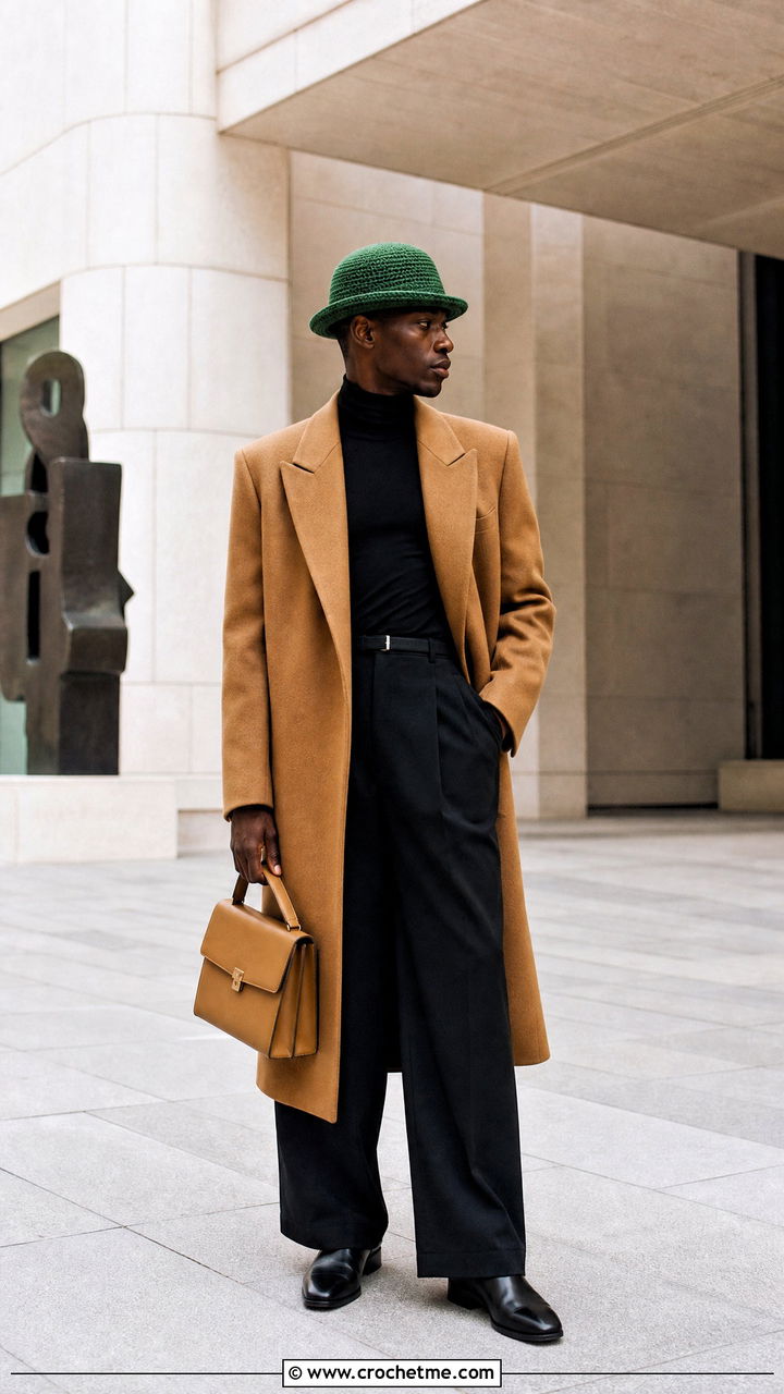 Emerald Crochet Bowler Hat With Long Overcoat - 35 mens crochet hats outfit ideas