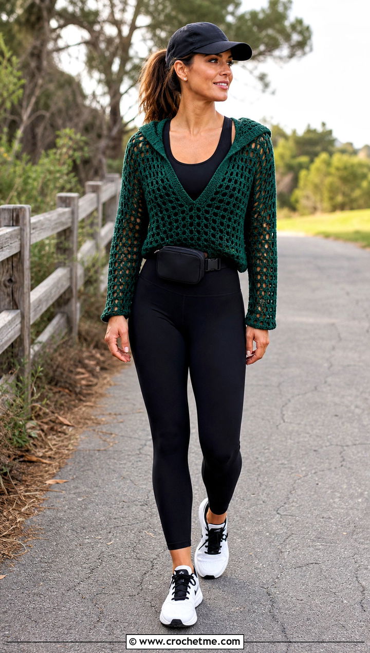 Emerald Crochet Hoodie Sweater With Leggings - 35 crochet light sweater outfit ideas
