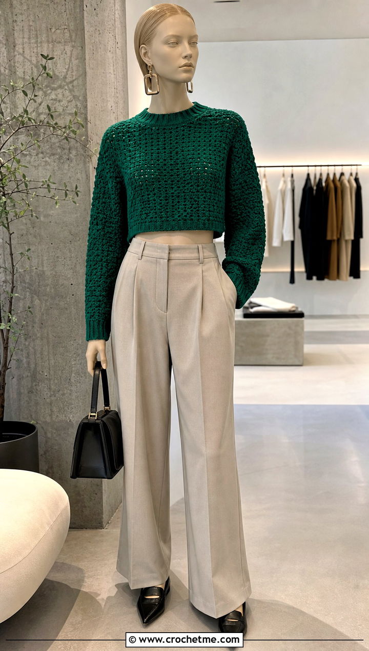 Emerald Cropped Crochet Sweater With Wide Leg Trousers - 15 Green Crochet Sweater On Mannequin outfit ideas
