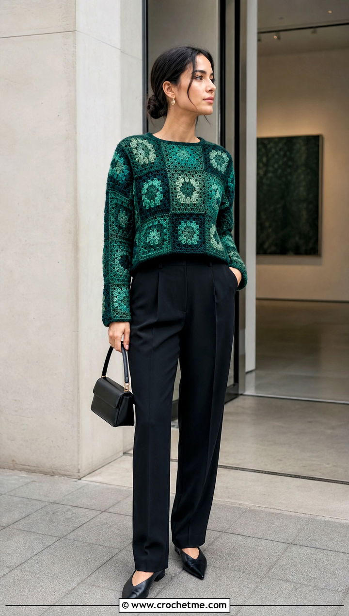 Emerald Granny Square Crochet Jumper With Black Trousers - 30 green crochet jumper outfit ideas