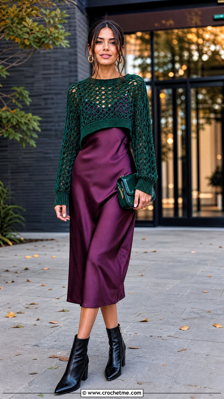 Emerald Green Crochet Sweater Top With Slip Dress - 35 crochet green top outfit ideas