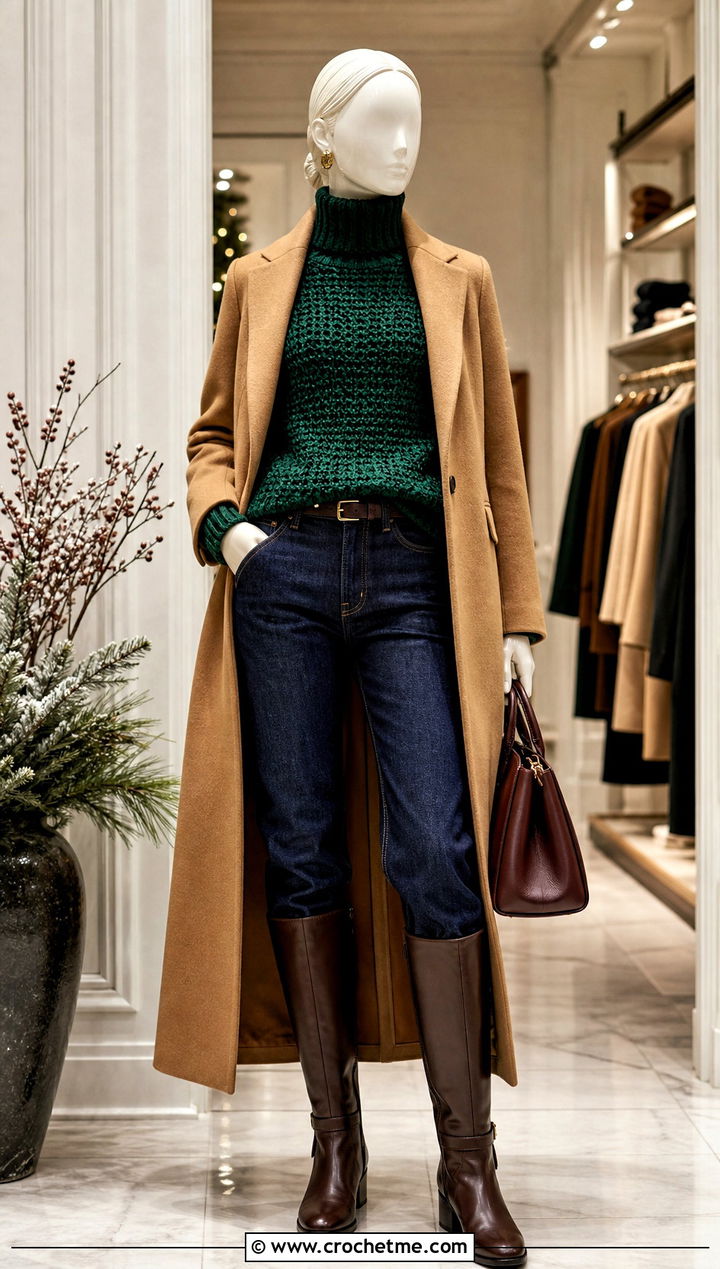 Emerald Turtleneck Crochet Sweater With Camel Coat - 15 Green Crochet Sweater On Mannequin outfit ideas