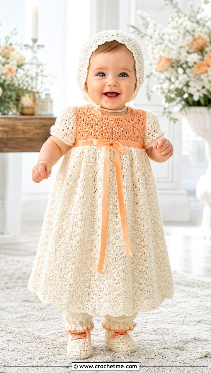 Empire Waist Crochet Baptism Gown With Booties - 15 Crochet Baptism Gown outfit ideas