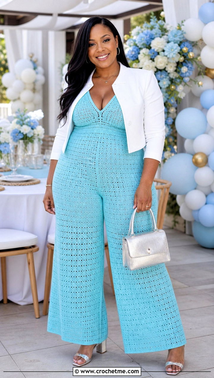 Empire Waist Crochet Jumpsuit With Cropped Jacket - 30 Women Crochet Jumpsuit outfit ideas