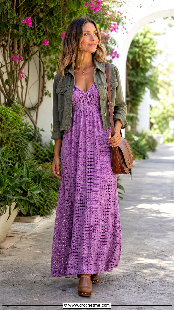 Empire Waist Crochet Maxi Dress With Utility Jacket And Clogs - 35 crochet dress outfits ideas