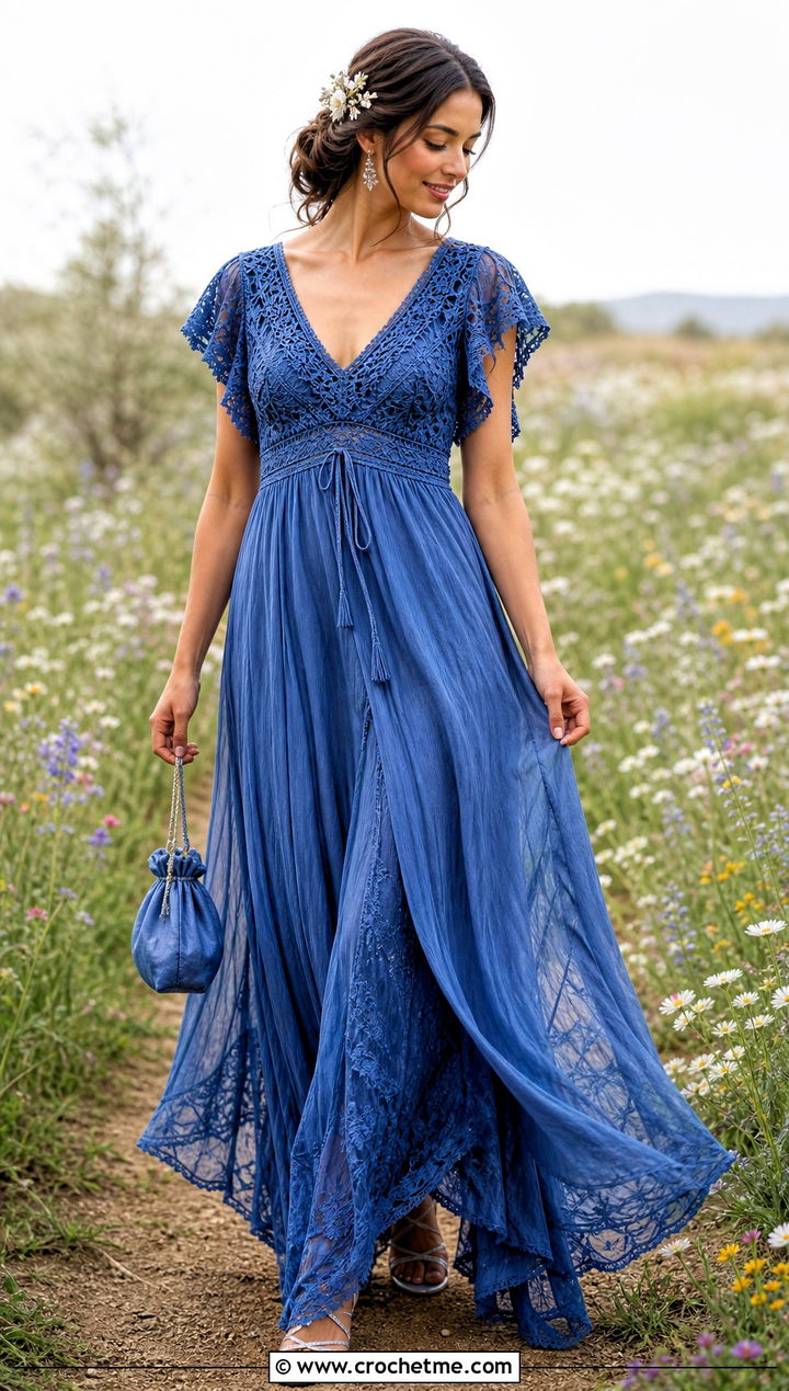 Empire Waist Crochet Wedding Dress With Floral Hair Comb - 25 boho crochet wedding dress outfit ideas