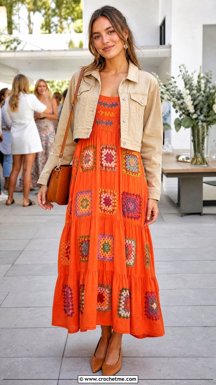 Empire Waist Granny Square Dress With Cropped Jacket And Flats - 35 granny square dress outfit ideas
