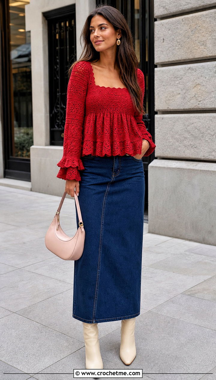 Empire Waist Ruffled Crochet Top With Denim Maxi Skirt - 25 ruffled crochet top outfit ideas