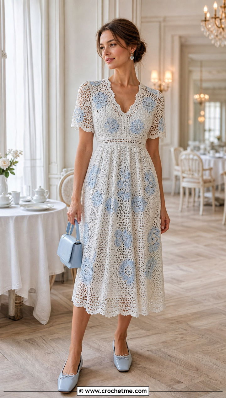 Empire Waist White Crochet Midi Dress With Ballet Flats - 20 White Crochet Midi Dress outfit ideas