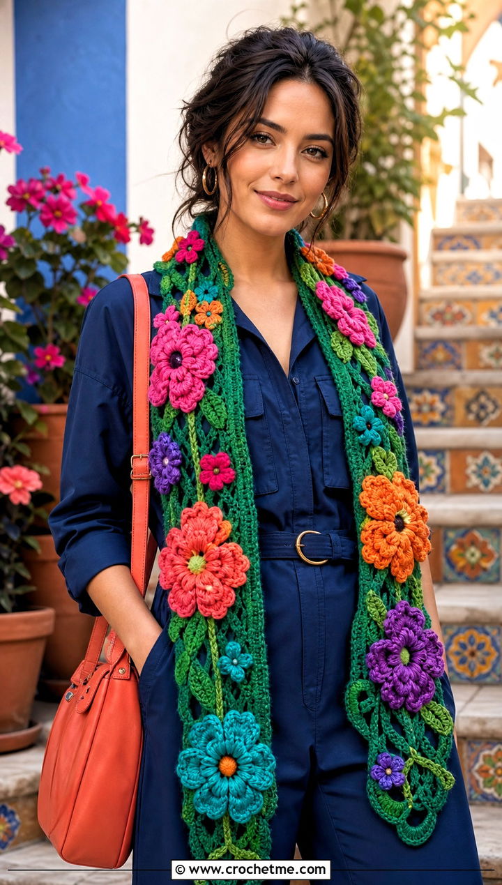 Encanto Flower Crochet Scarf With Utility Jumpsuit - 20 Crochet Disney Scarf outfit ideas