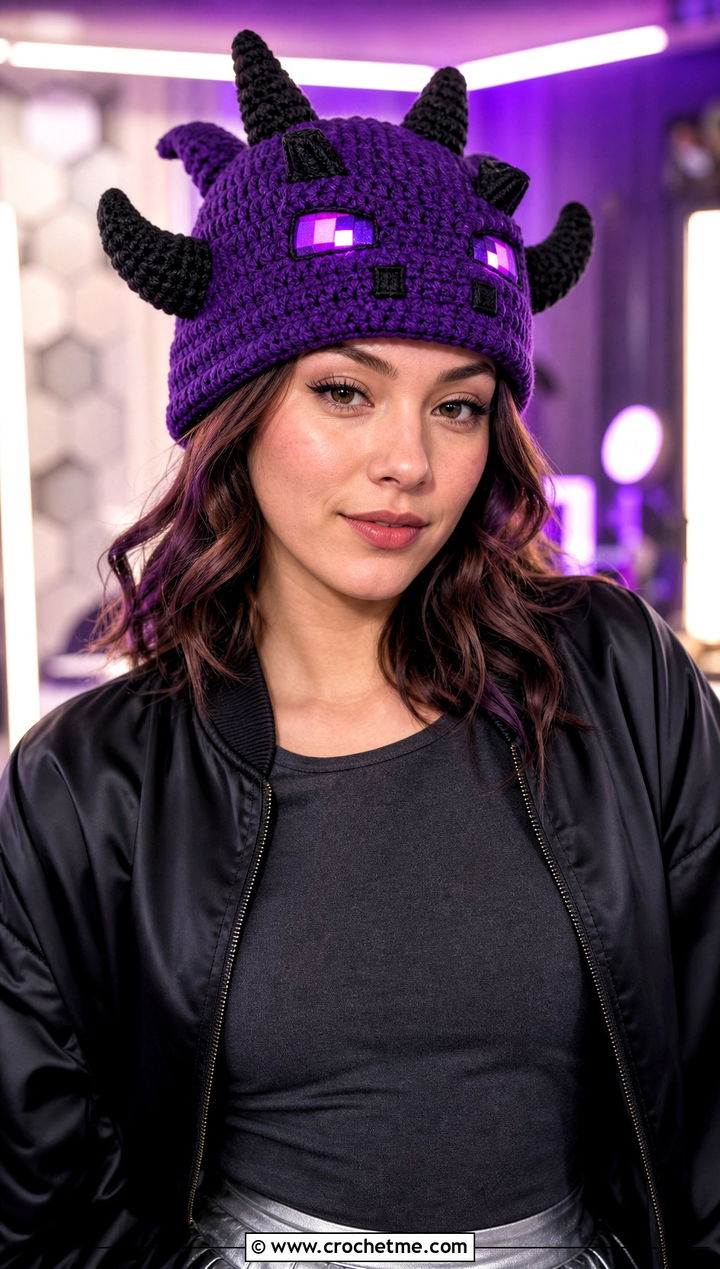 Ender Dragon Horned Hat With Satin Bomber - 20 Minecraft Crochet Hat outfit ideas
