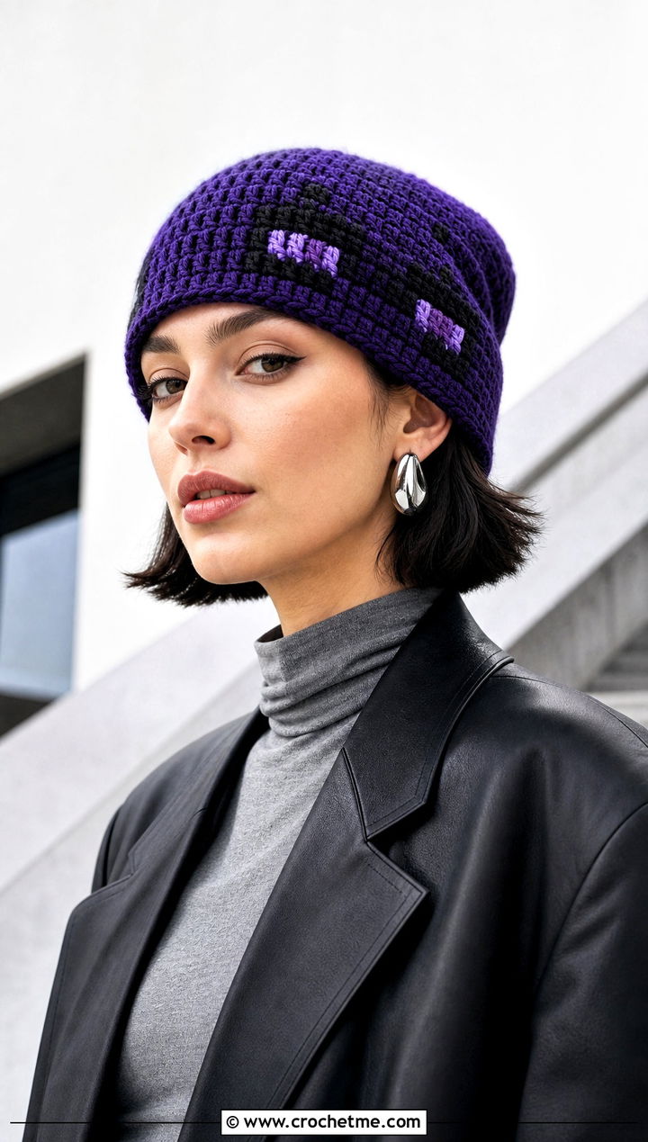 Enderman Cuffed Beanie With Leather Blazer - 20 Minecraft Crochet Hat outfit ideas
