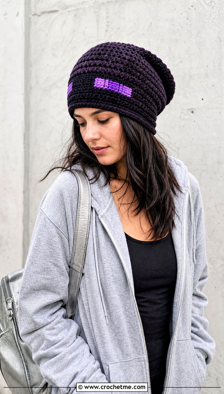 Enderman Slouchy Beanie With Hoodie And Maxi Skirt - 20 Minecraft Crochet Hat outfit ideas
