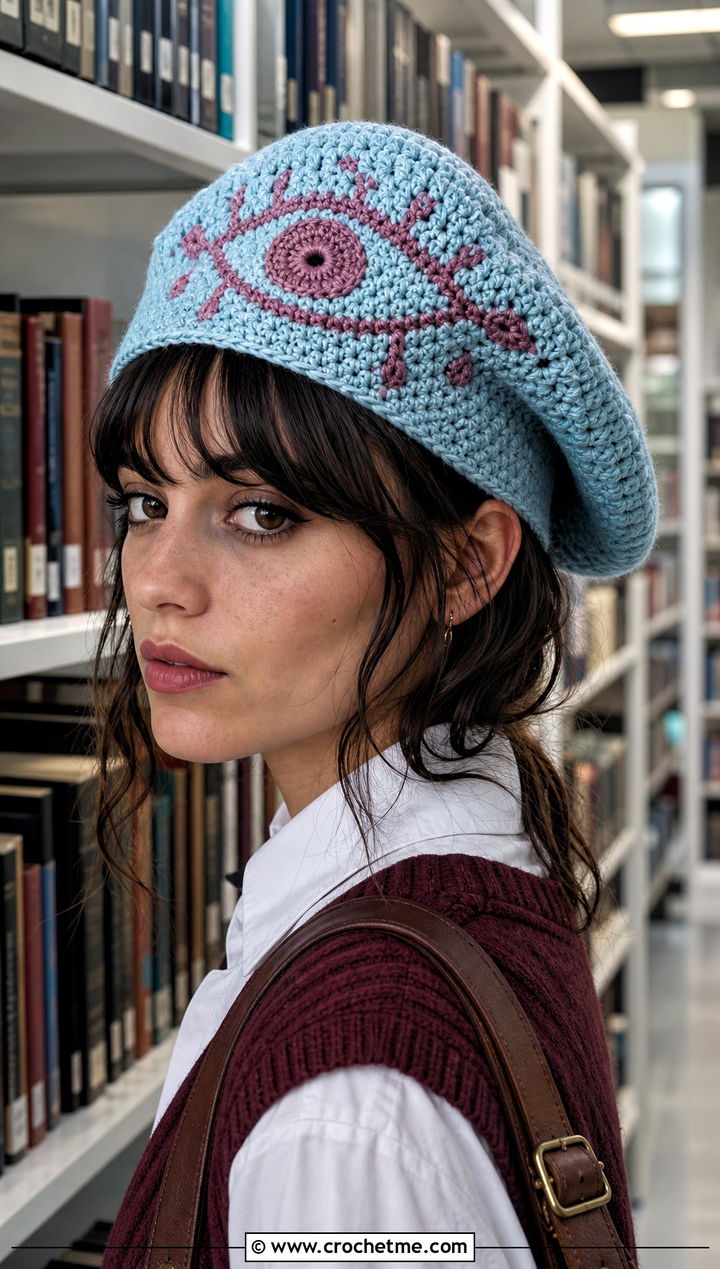 Enmu Eye Motif Slouch Beret With Dark Academia Outfit - 25 Demon Slayer Crochet Hat outfit ideas