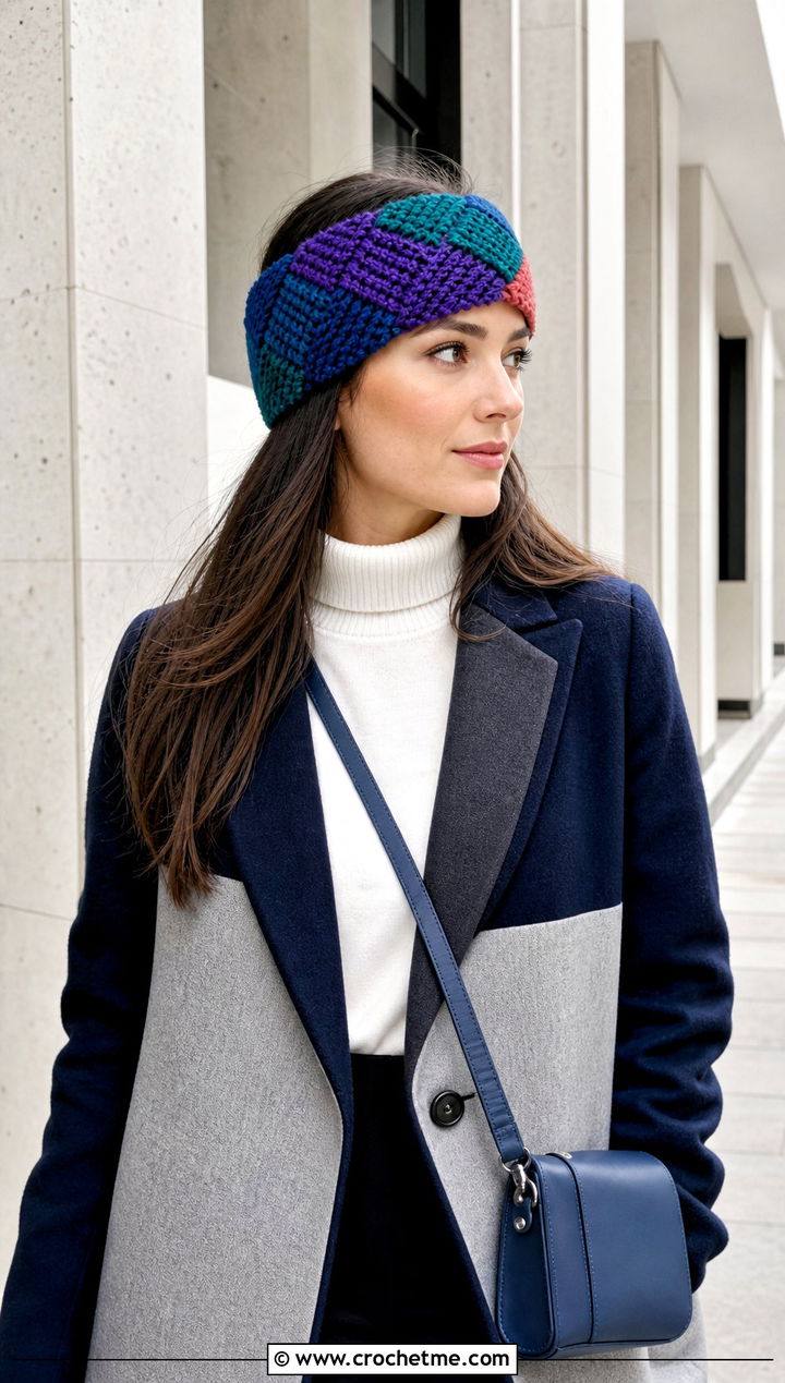 Entrelac Tunisian Crochet Ear Warmer With Color Block Coat - 30 Tunisian Crochet Ear Warmer outfit ideas