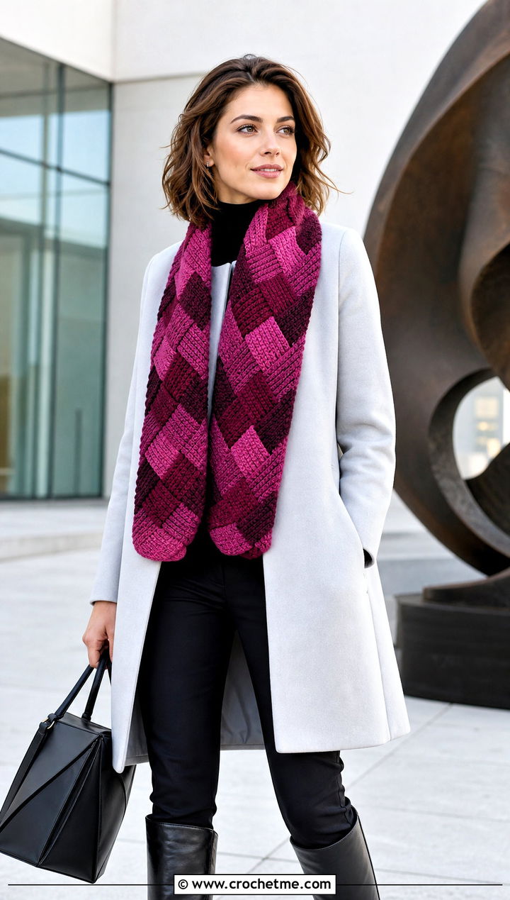 Entrelac Tunisian Crochet Scarf With Minimalist Coat and Boots - 20 Easy Tunisian Crochet Scarf outfit ideas